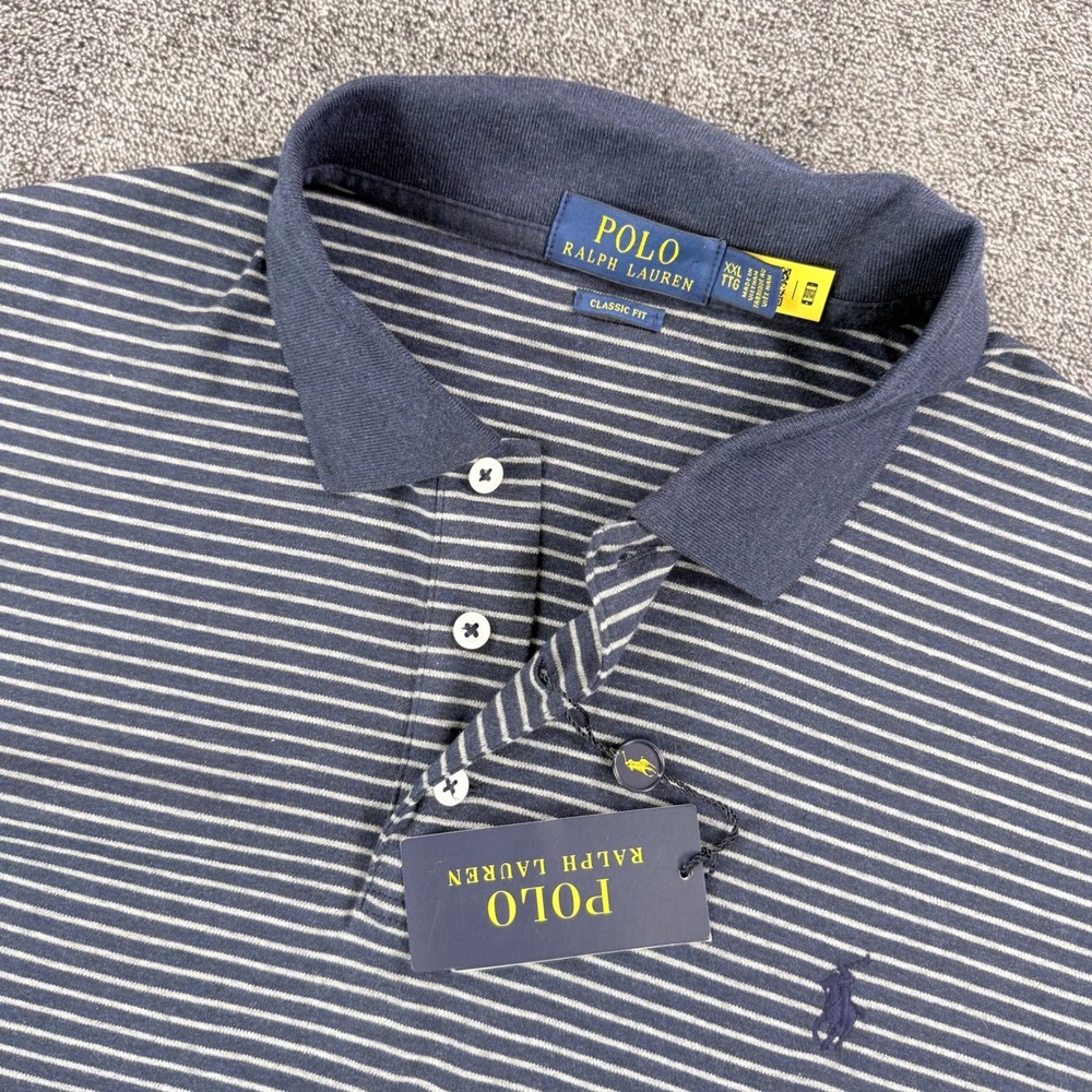 Polo Ralph Lauren Mens XXL Classic Fit Striped Polo Shirt Navy Blue Grey New